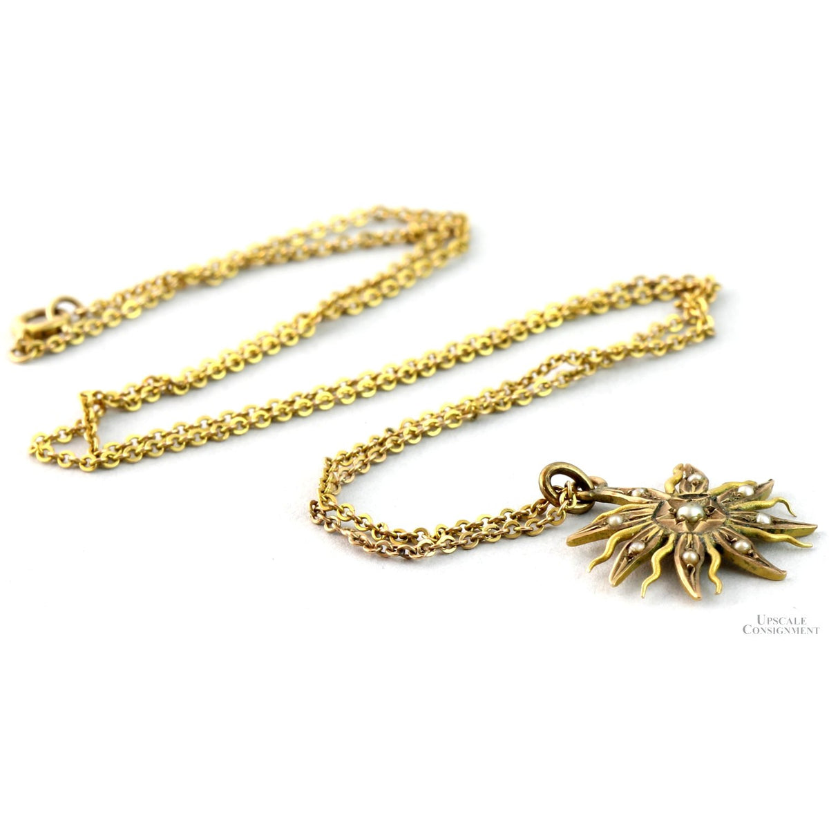 Antique Victorian 14K Gold Natural Seed Pearl Sunburst Pendant Necklace, Two-Tone Rose Gold Star, Circa 1890