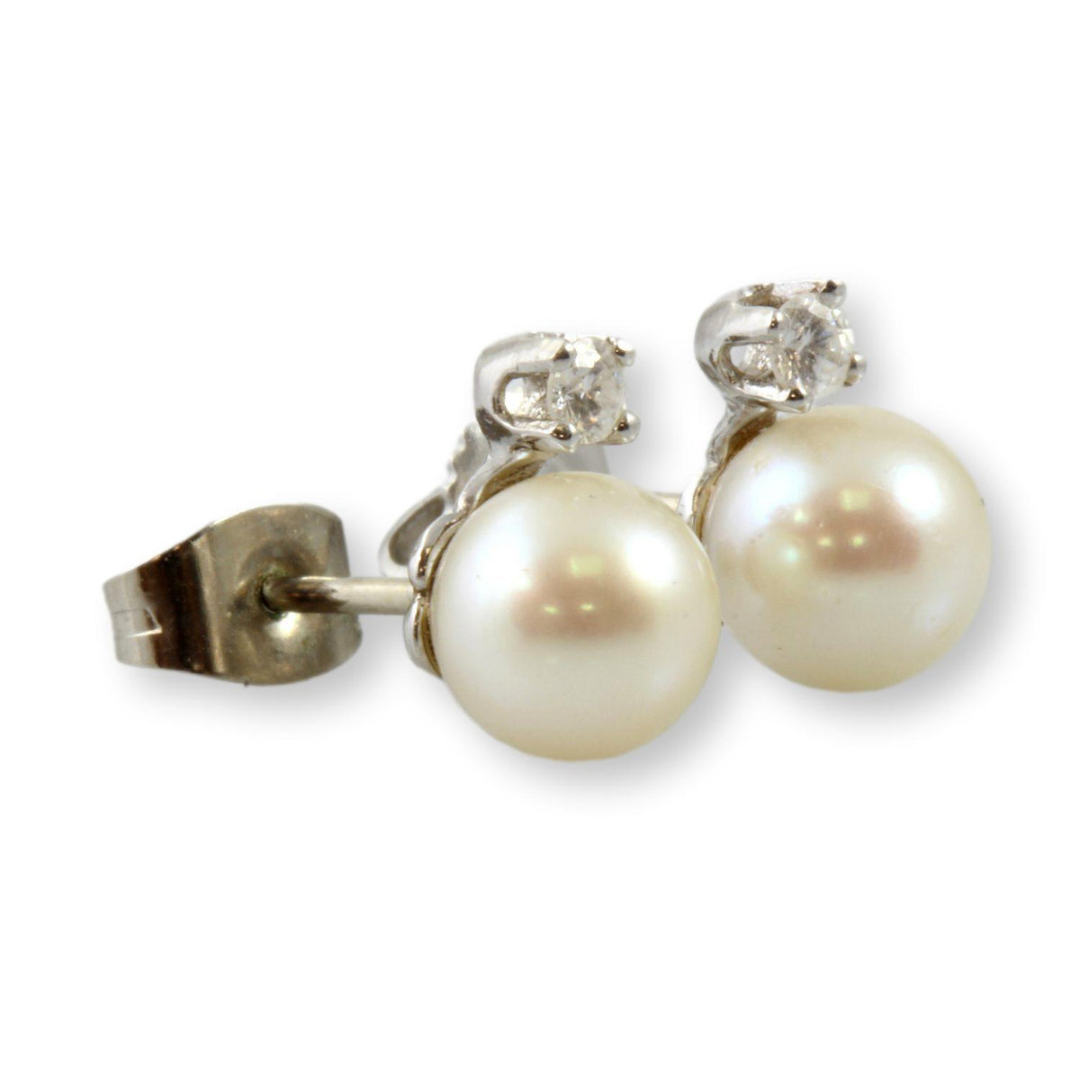 7.5mm Ivory Pearl & Diamond 14K Gold Stud Earrings