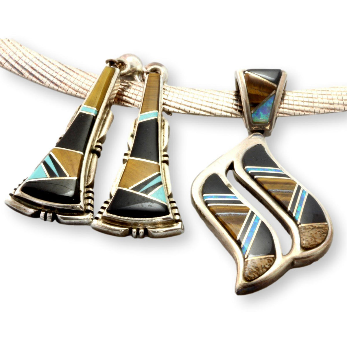Don Lucas Sterling Silver Inlay Pendant with Coordinating Western Inlay Drop Earrings