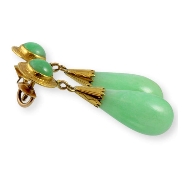 14K Yellow Gold Apple Green Jadeite Jade Drop Earrings