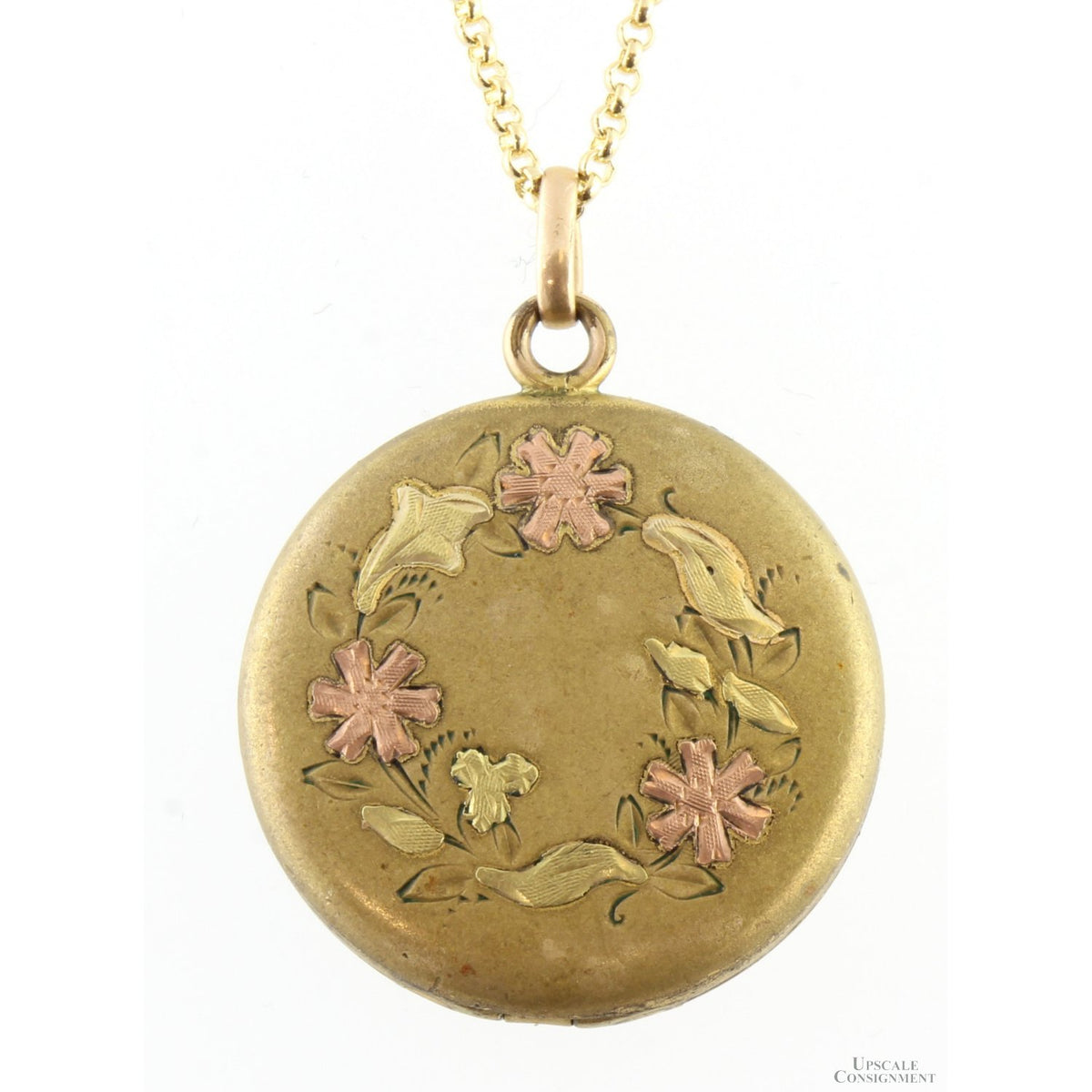 Gold-Tone Locket - Tri-Color Floral Motif & Script Monogram
