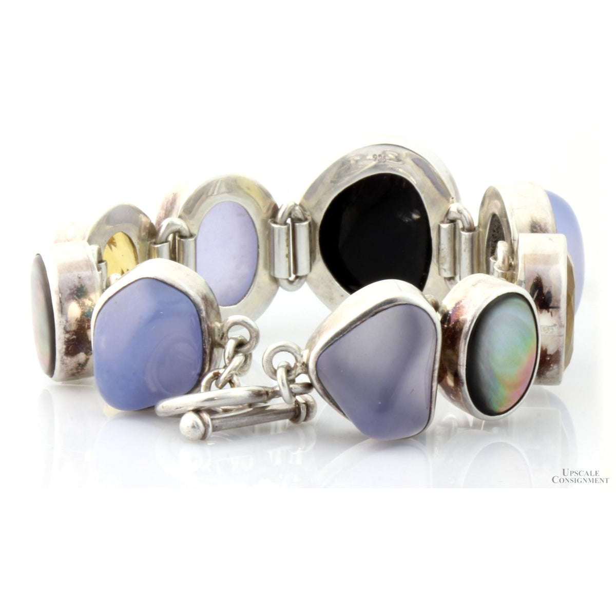 Natural Gemstone & Mabe Pearl Sterling Silver 1"(w) Bracelet