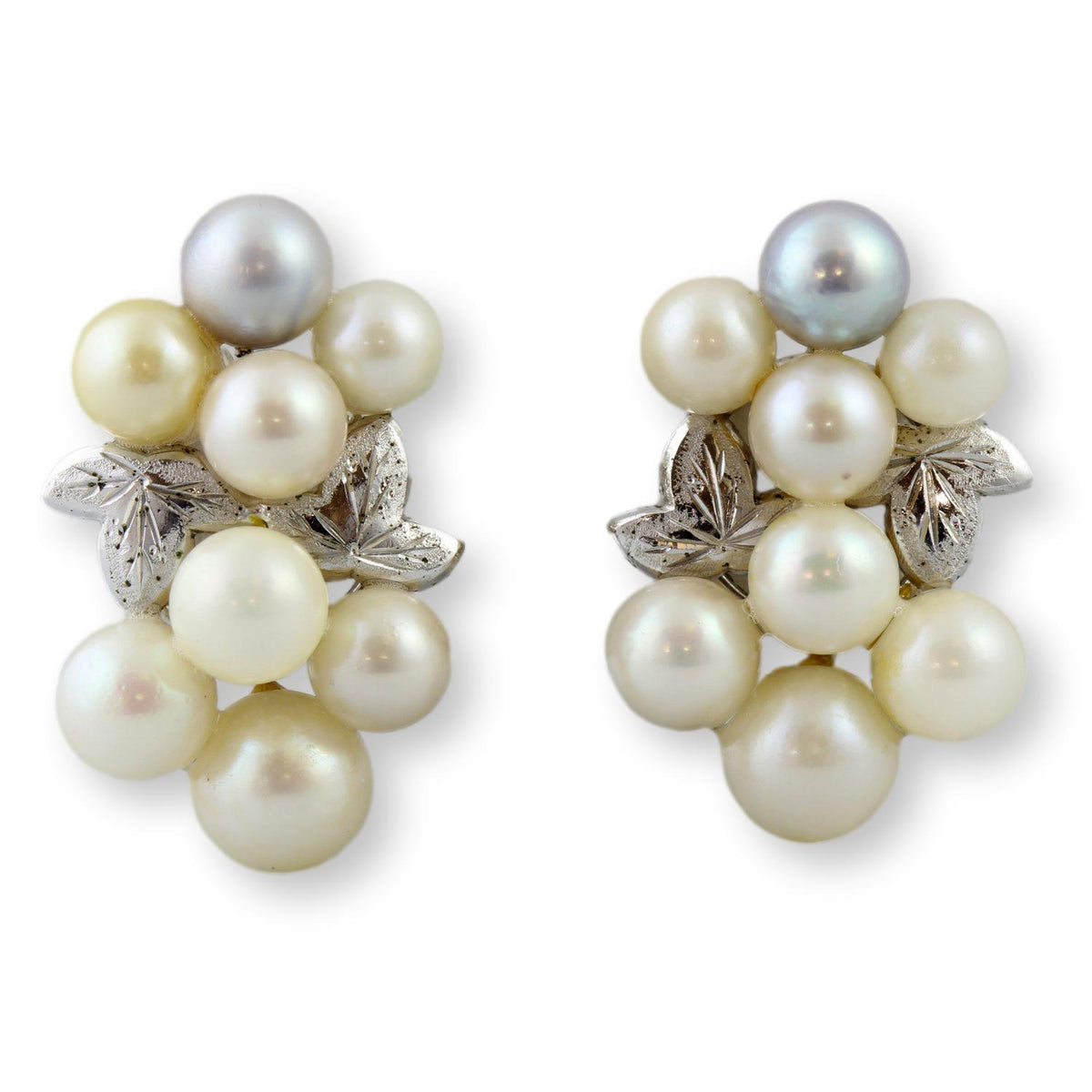 Vintage Cultured Pearl Cluster Earrings | Diamond-Cut Leaf Design