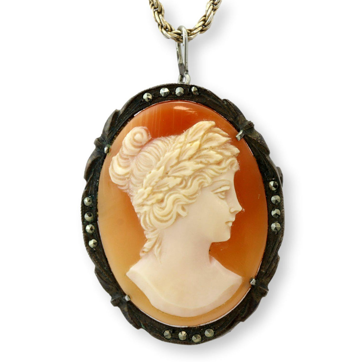 Carved Shell Cameo & Marcasite 800 Silver Pendant Brooch & Chain