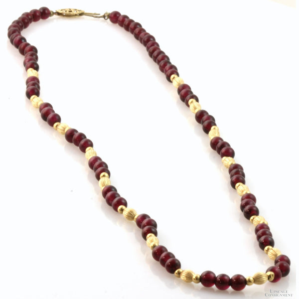 Purplish Red Almandine Garnet 14K Yellow Gold Bead Necklace