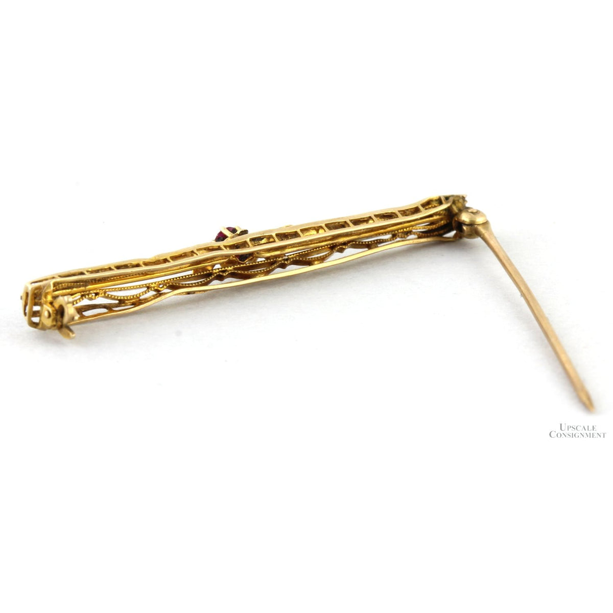 10K Yellow Gold Antique Bar Brooch - Lab-Created Ruby