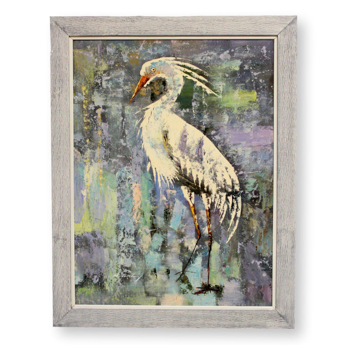 Framed Retouched Print - Blue Background White Egret