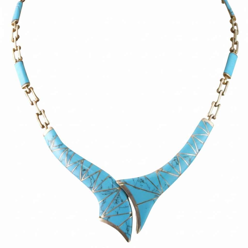 Vintage Turquoise Inlay Sterling Silver Statement Collar Necklace