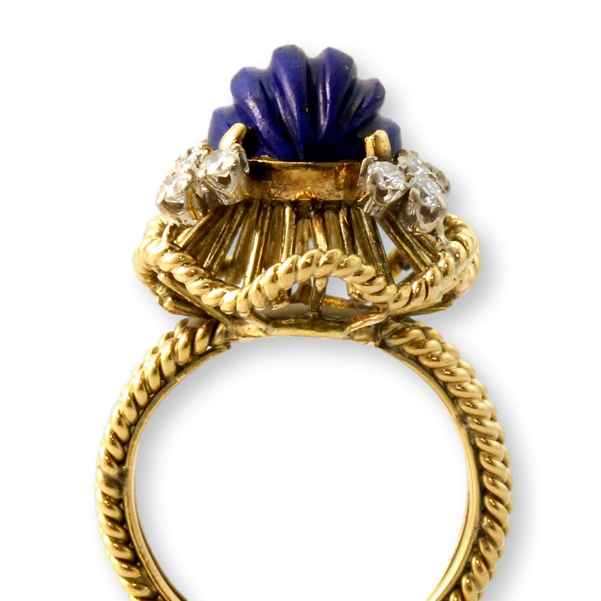 Vintage 14K Gold Carved Lapis Lazuli & Diamond Cocktail Ring