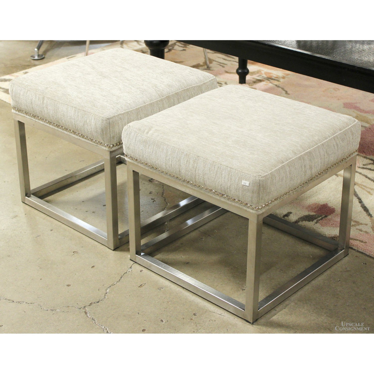 Jonathan Louis Pair of Square Sparkly Gray Ottomans