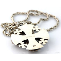 950 Silver Jerusalem Cross Necklace - Synthetic Ruby - Ornate Filigree Design