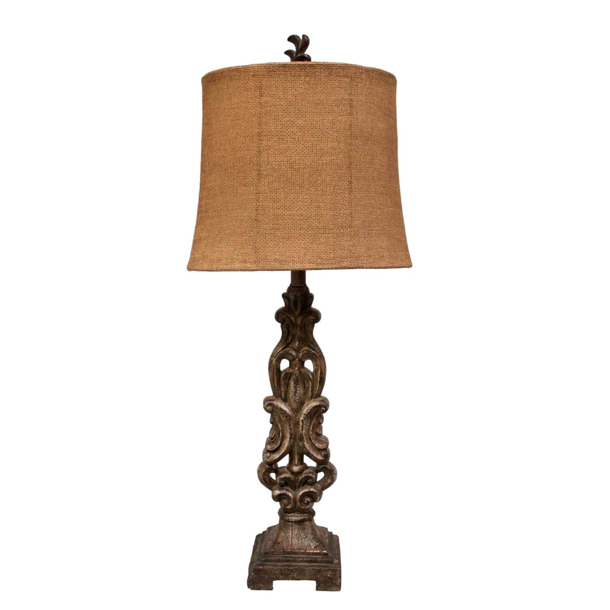 Ornately Carved Table Lamp w/Tan Oval Burlap Shade
