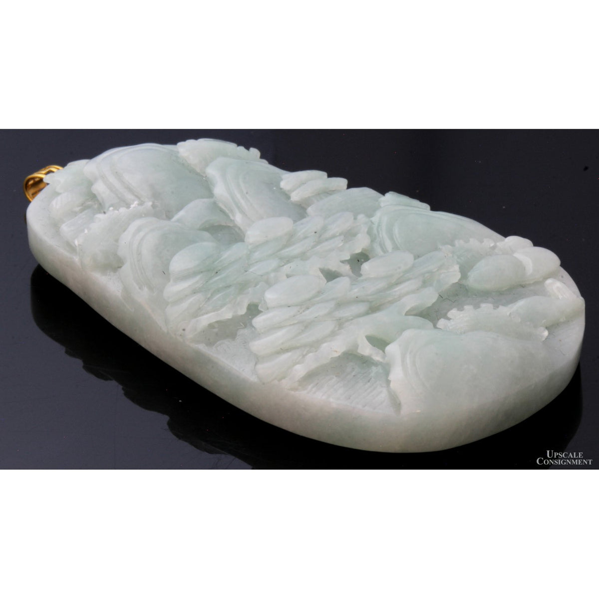 Grade A Burmese Green Jadeite Jade Landscape Pendant 18K Bail