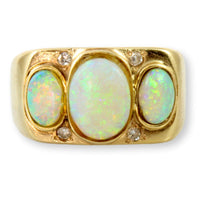 Three Stone Australian White Opal Diamond 14K Gold Ring