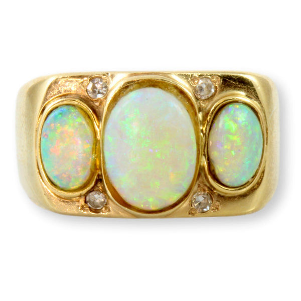 Three Stone Australian White Opal Diamond 14K Gold Ring