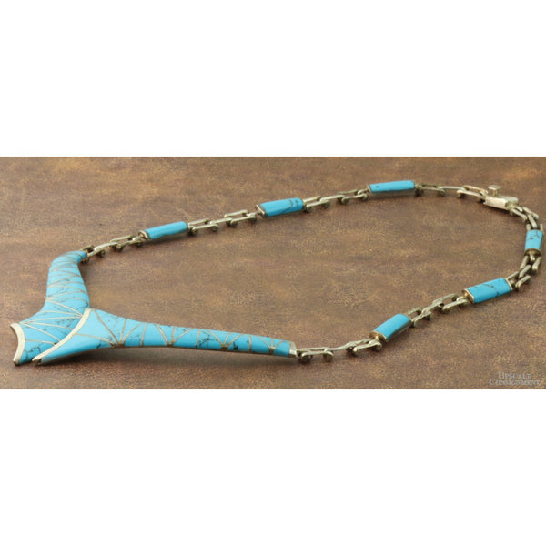 Vintage Turquoise Inlay Sterling Silver Statement Collar Necklace