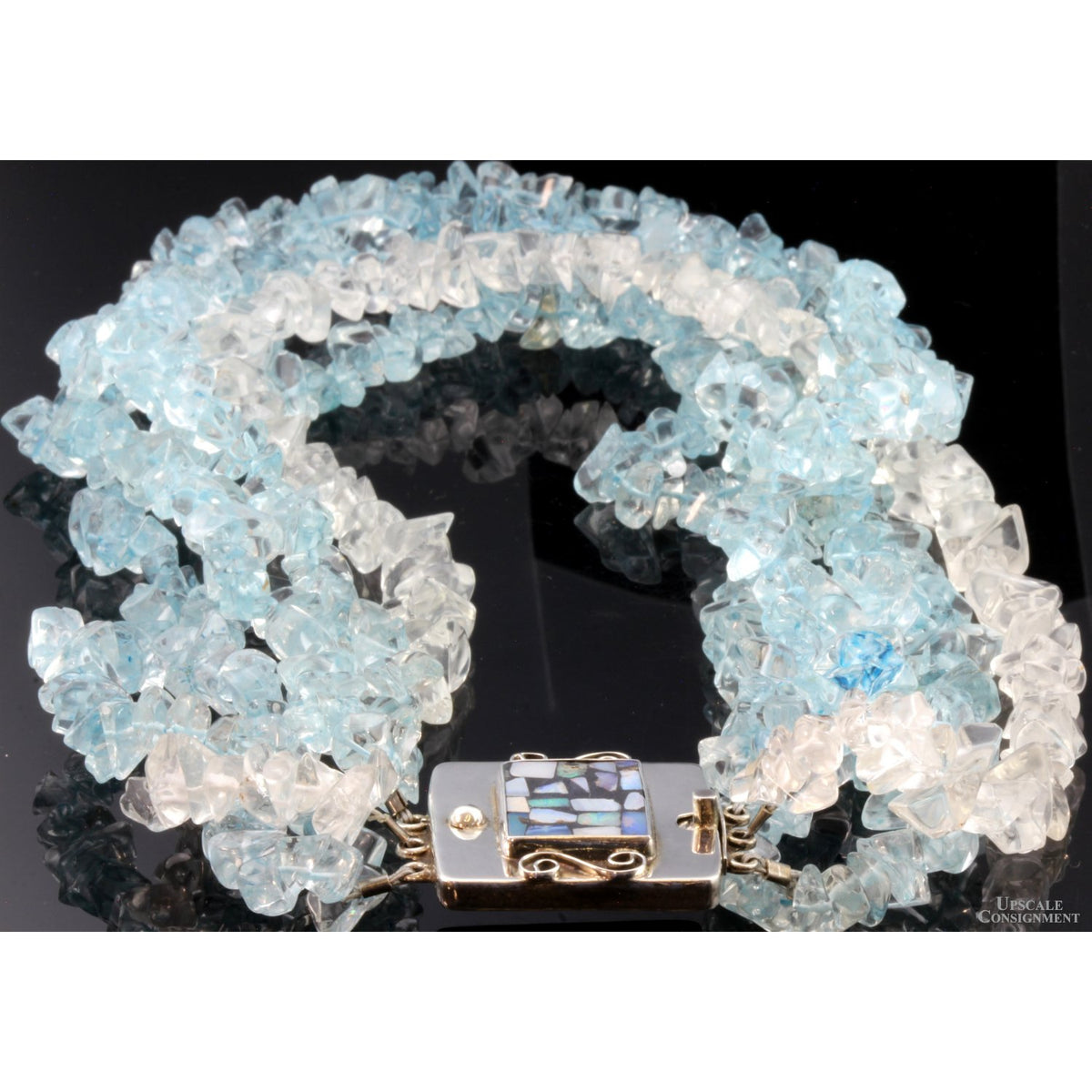 Aquamarine & Goshenite Strand - Opal Inlay Sterling Silver Clasp