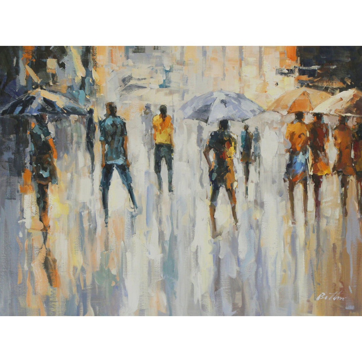 Framed Hand Embellished Oil - People Walking in the Rain