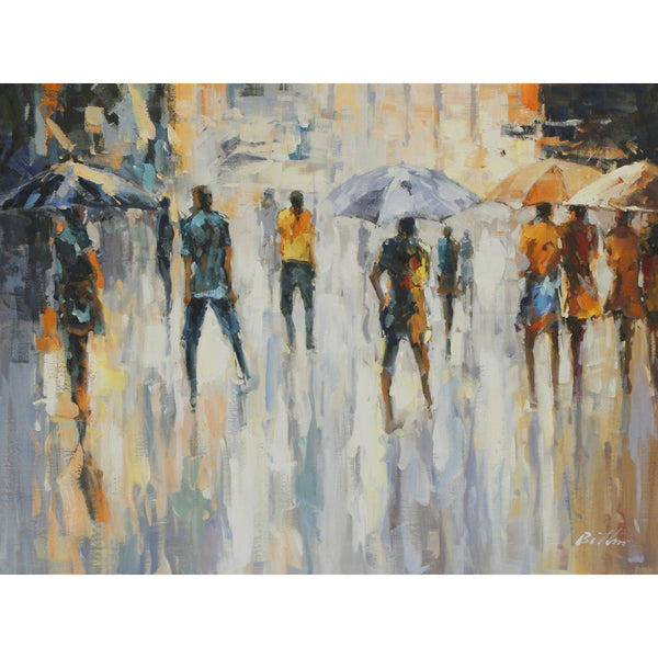 Framed Hand Embellished Oil - People Walking in the Rain