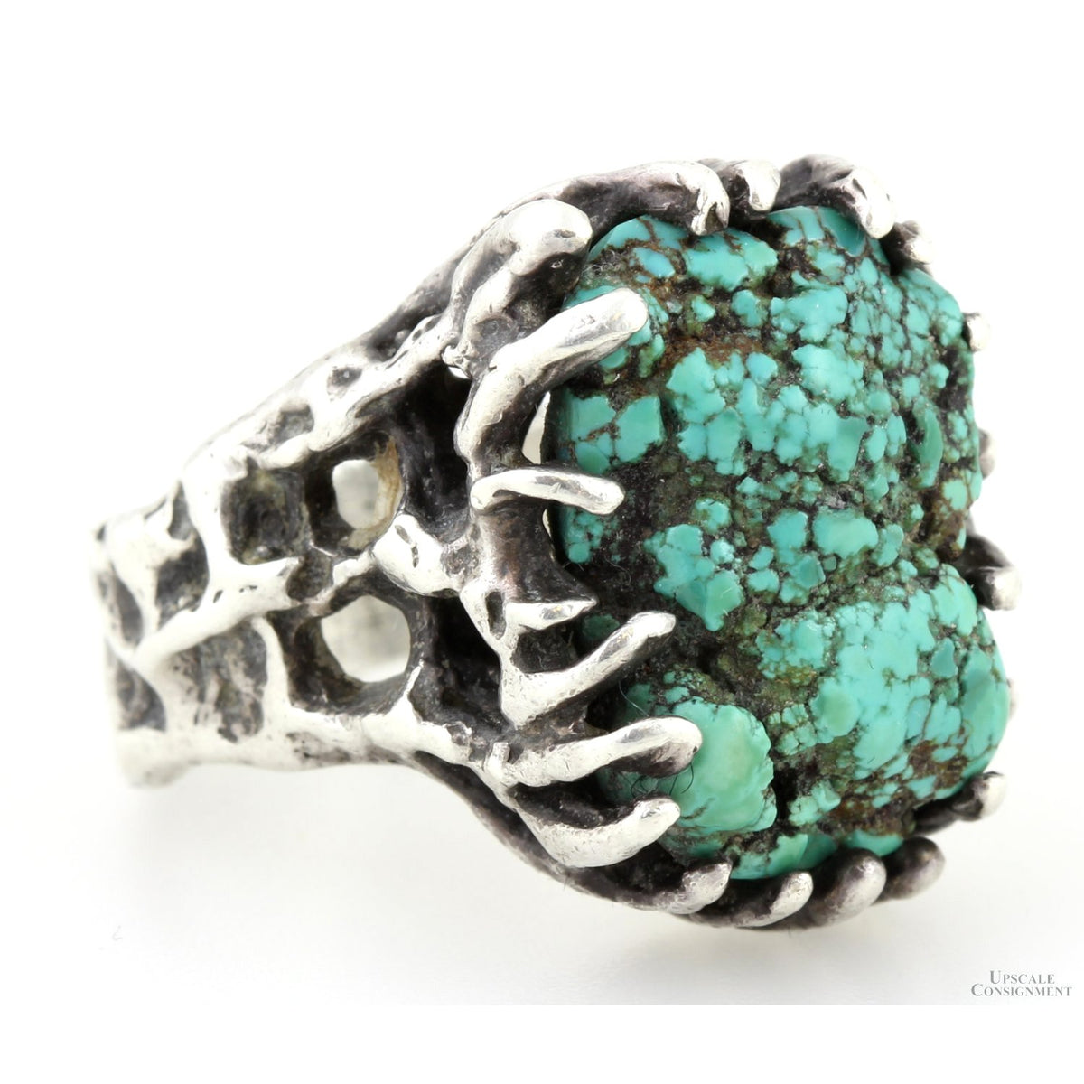 Handcrafted Spiderweb Turquoise Brutalist Sterling Silver Ring
