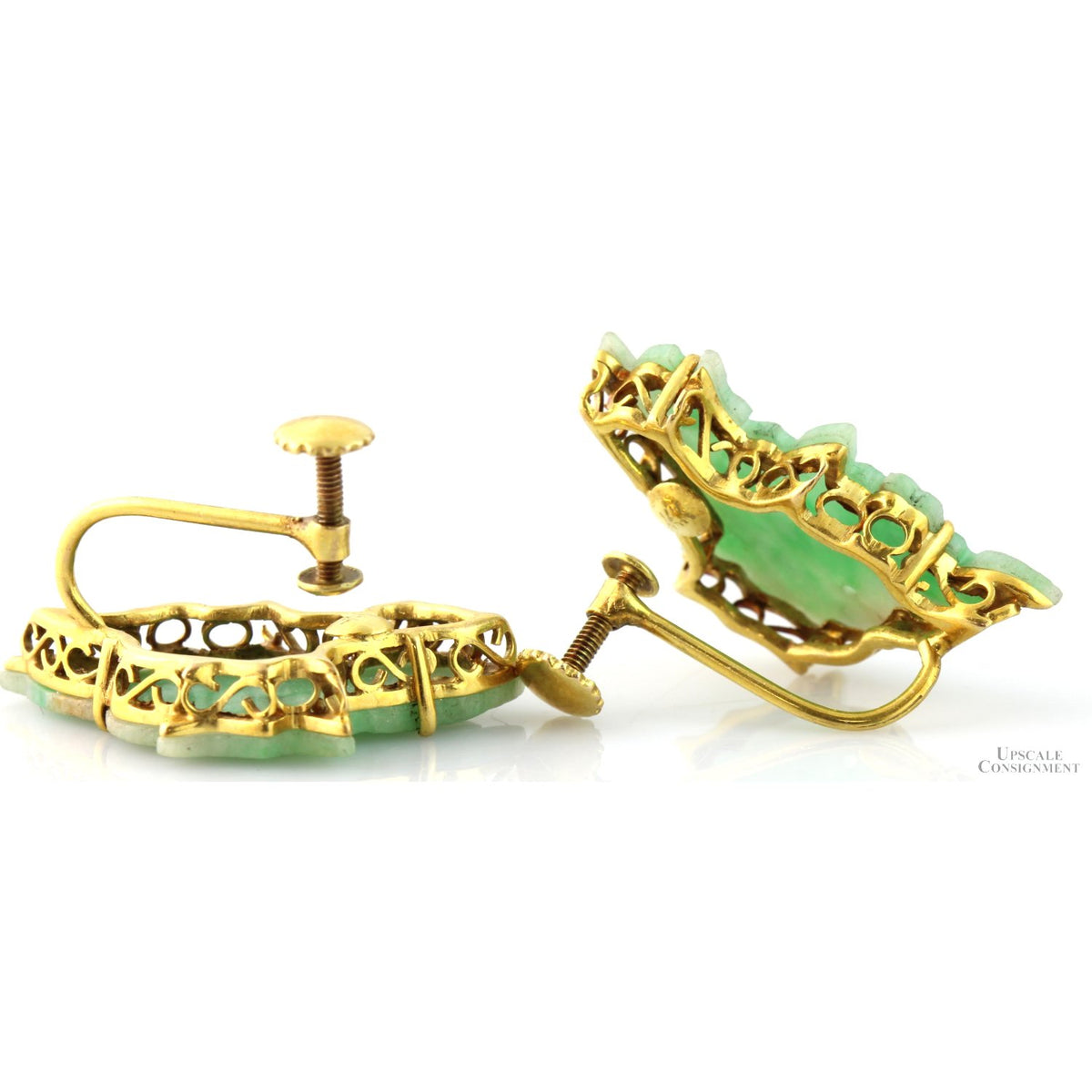 Vintage Carved Translucent Green White Jadeite Jade Fish Earrings|14K Gold  Screwbacks