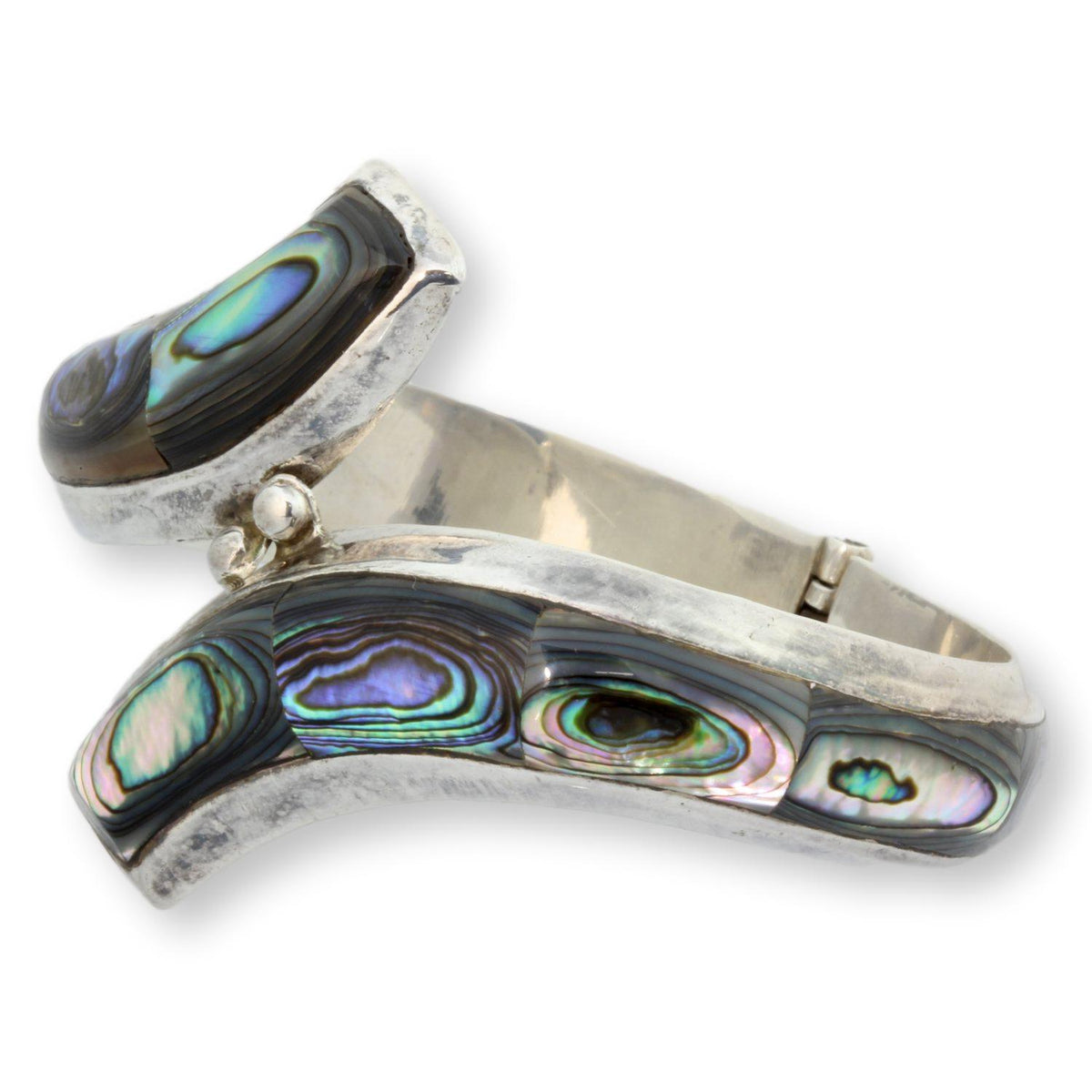 950 Fine Silver Abalone Inlay Signed Hinged Clamper Bangle