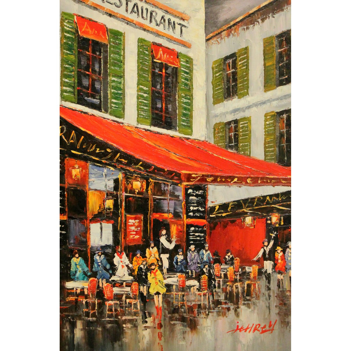 Framed Original Oil Restaurant w/Red Awning