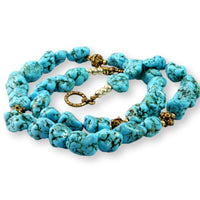 Turquoise Nugget Necklace - Brass Tone Accent Beads & Toggle Clasp