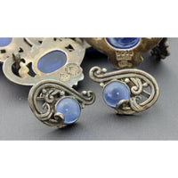 Margot de Taxco #5213 Hearts Sterling Silver Necklace & Earring Set with Sapphire-Blue Glass Cabochons