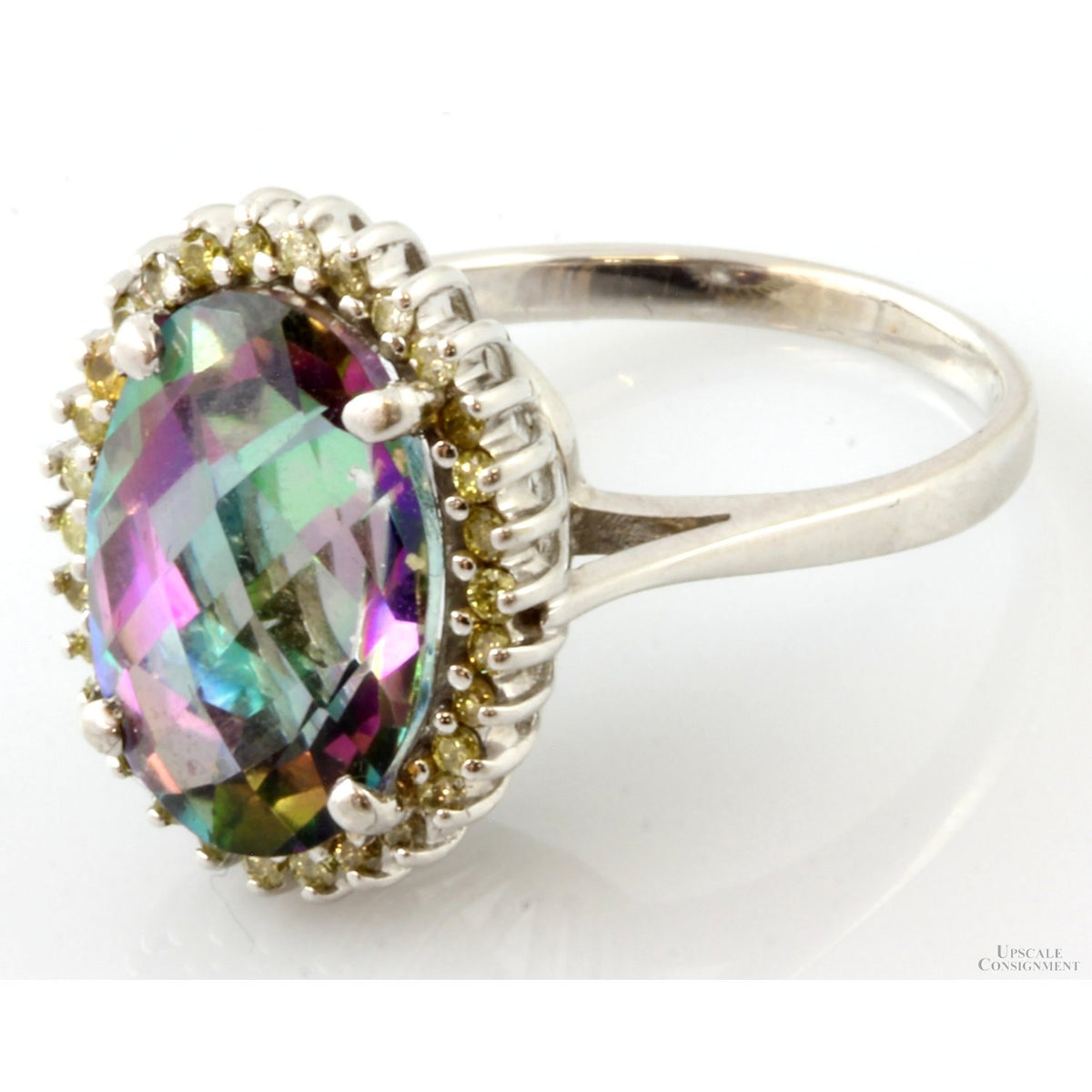 14K Gold 6.75ct Mystic Topaz .30ctw Topaz Halo Ring