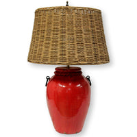Red Ceramic Crock Table Lamp w/Wicker Shade