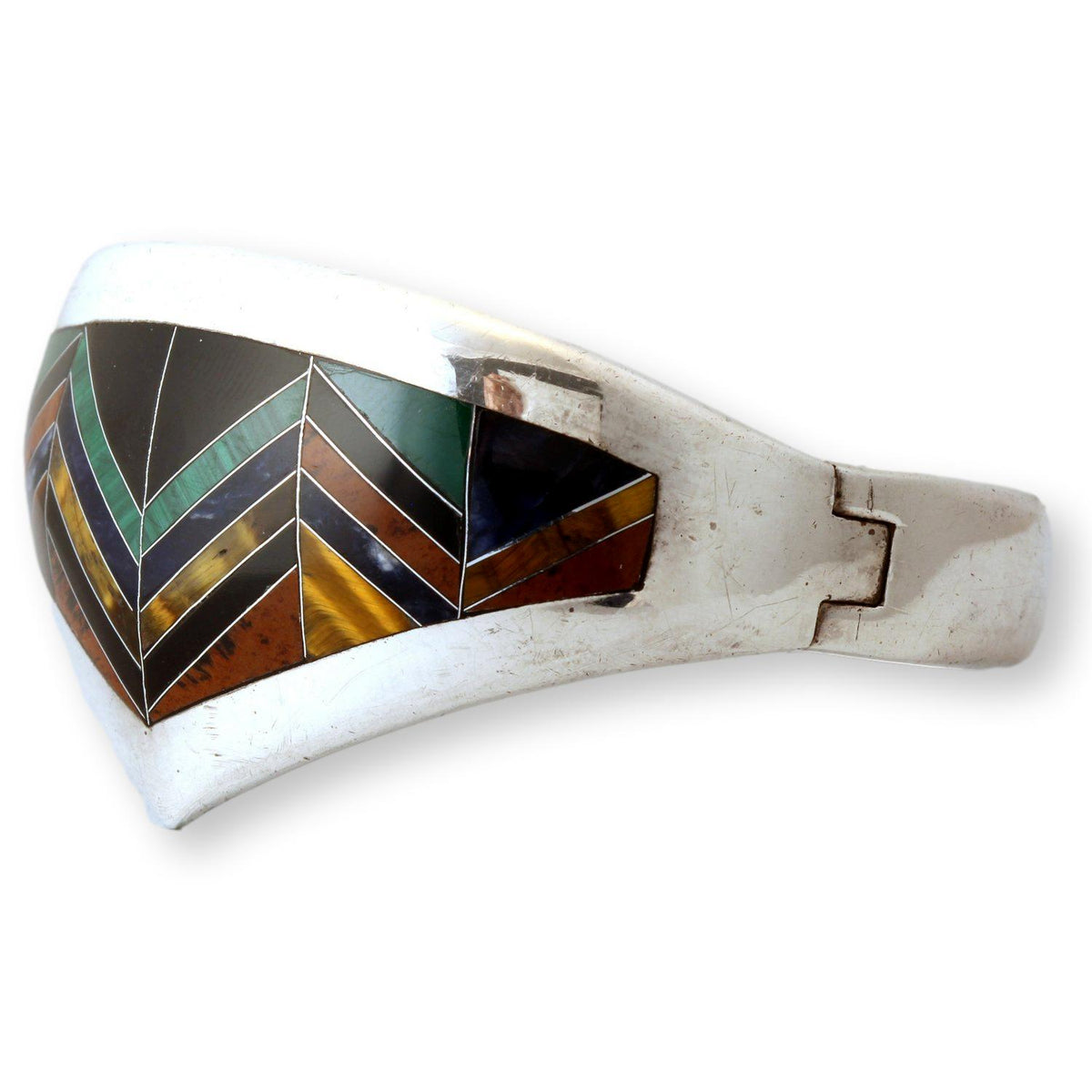 Vintage Mexican 950 Fine Silver Multi-Stone Inlay Hinged Bangle Bracelet