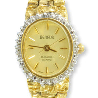 Gold Tone Bark Finish Lady's Quartz Watch Diamond Bezel