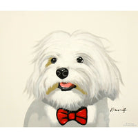 Original Painting Whimsical White Dog w/Red Bowtie