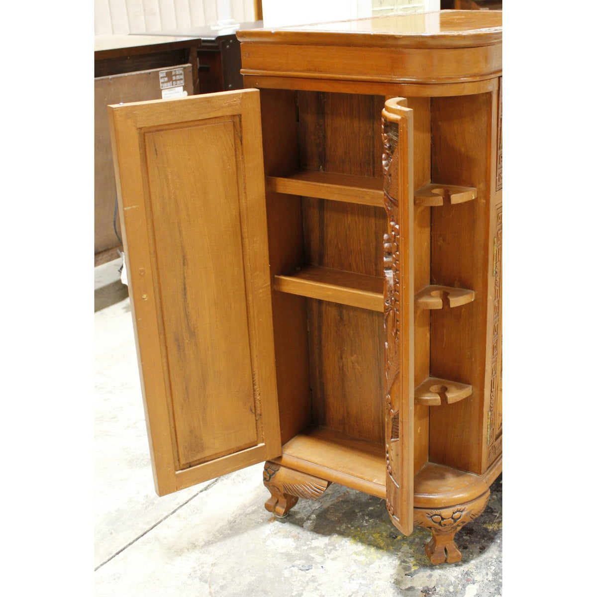 Asian Style Ornately Carved Bar Cabinet w/Elevator Lift