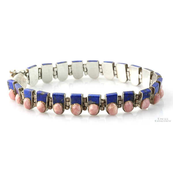 Vintage Chilean 950 Silver Lapis & Rhodochrosite Bracelet