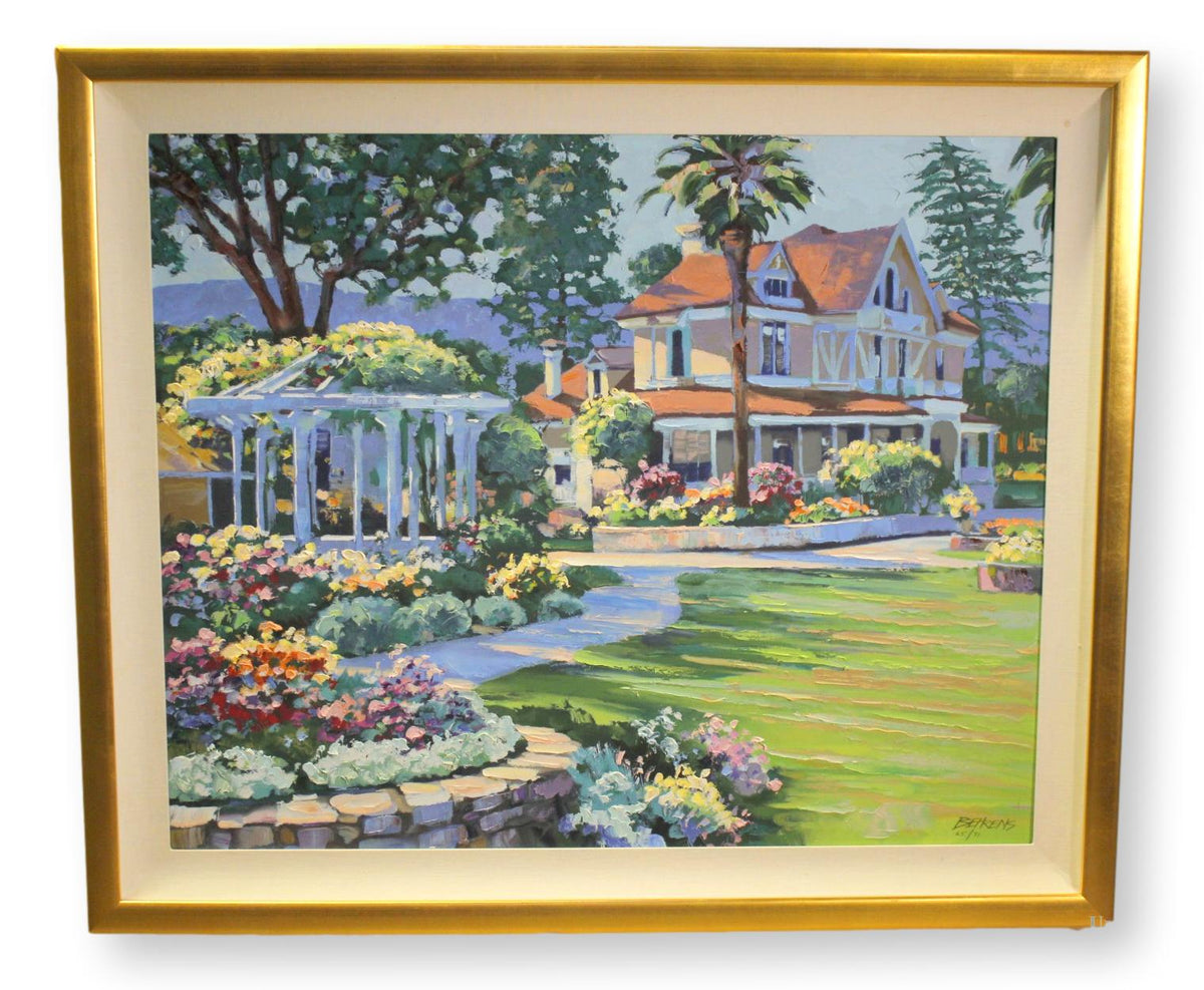 Framed Original Oil Painting - Sunny Garden w/Gazebo