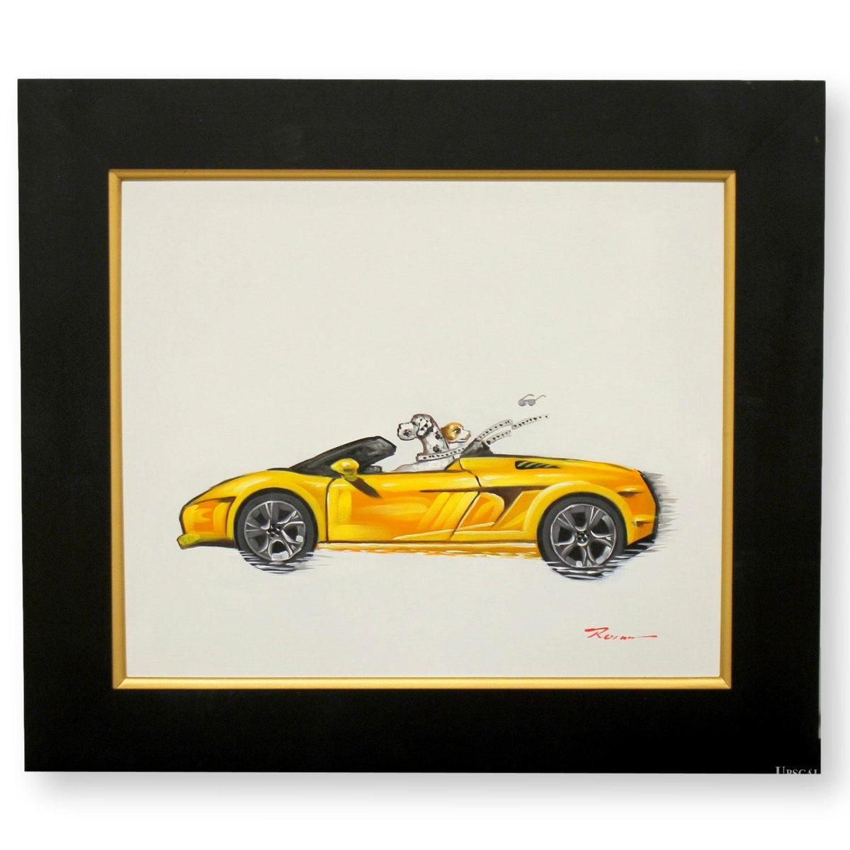 Original Painting Whimsical Dogs in a Yellow Sports Car