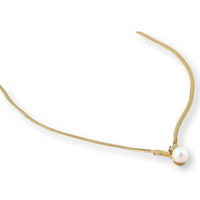 7mm Pearl & Diamond Pendant 14K Gold Herringbone Chain