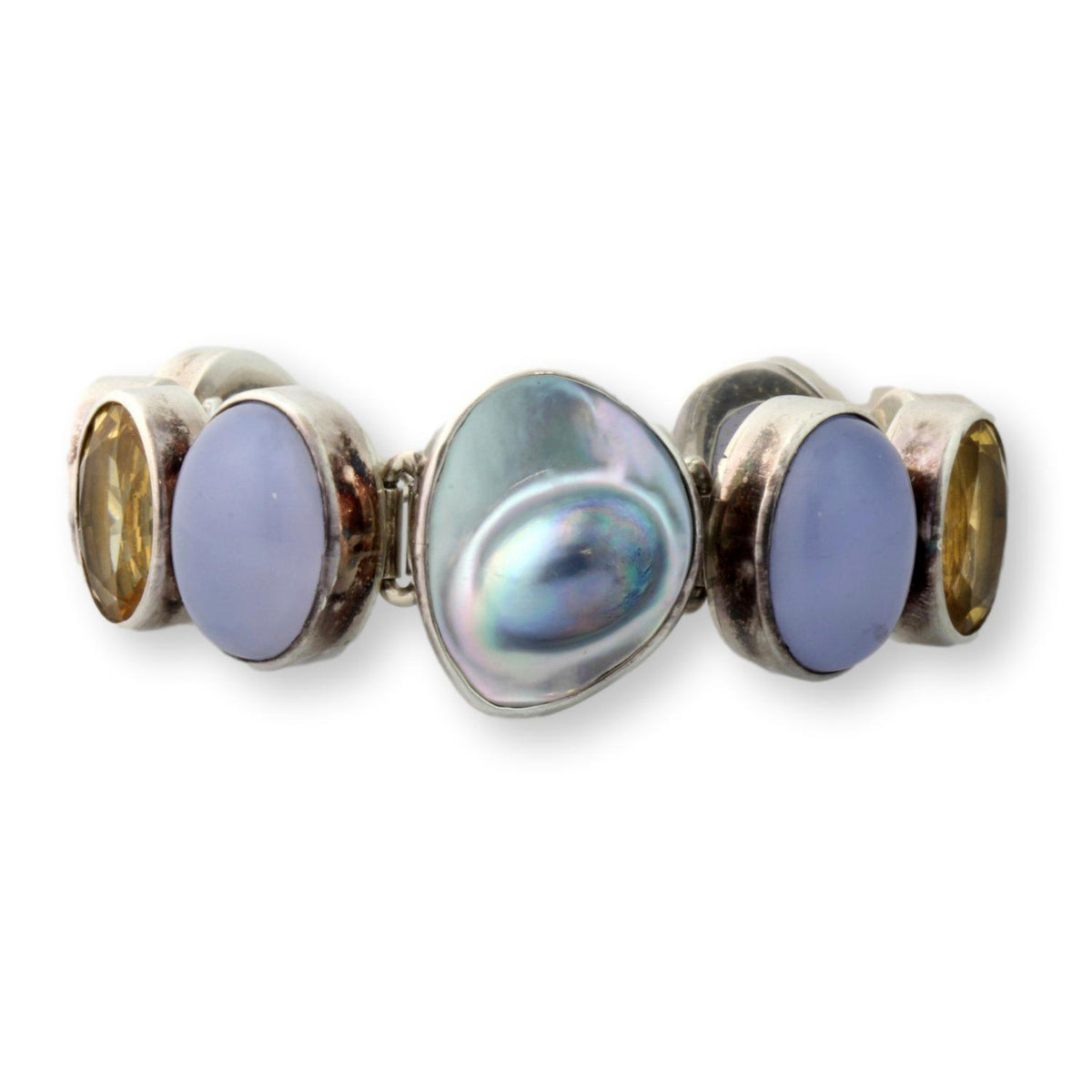 Natural Gemstone & Mabe Pearl Sterling Silver 1"(w) Bracelet