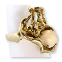 Vintage 14K Gold Australian White Opal & Diamond Ring | Mid-Century Brutalist Design