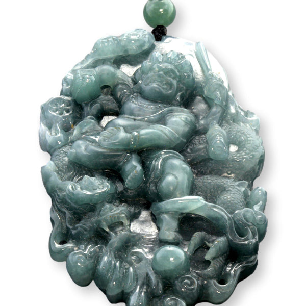High-Relief Guatemalan Grade A Jadeite Pendant Laughing Buddha & Dragon