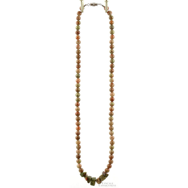 Unakite Round & Rough Bead Sterling Silver Necklace