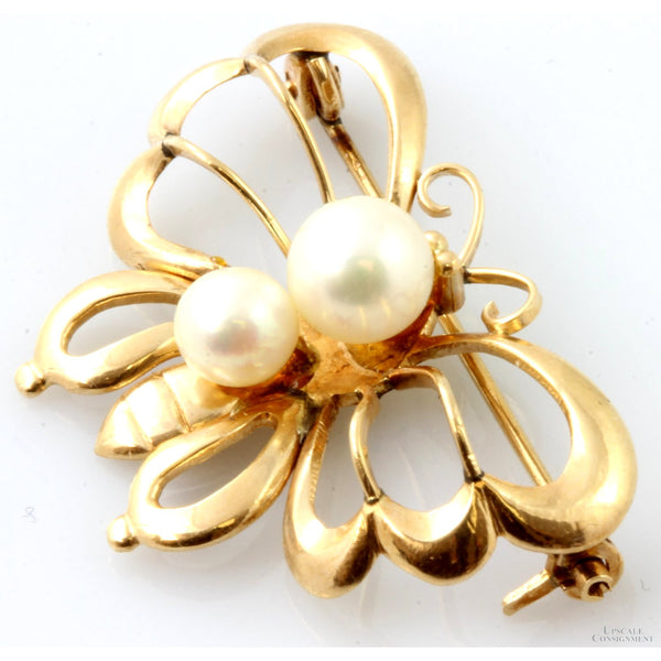 Cultured Freshwater Pearl 14K Yellow Gold Butterfly Brooch
