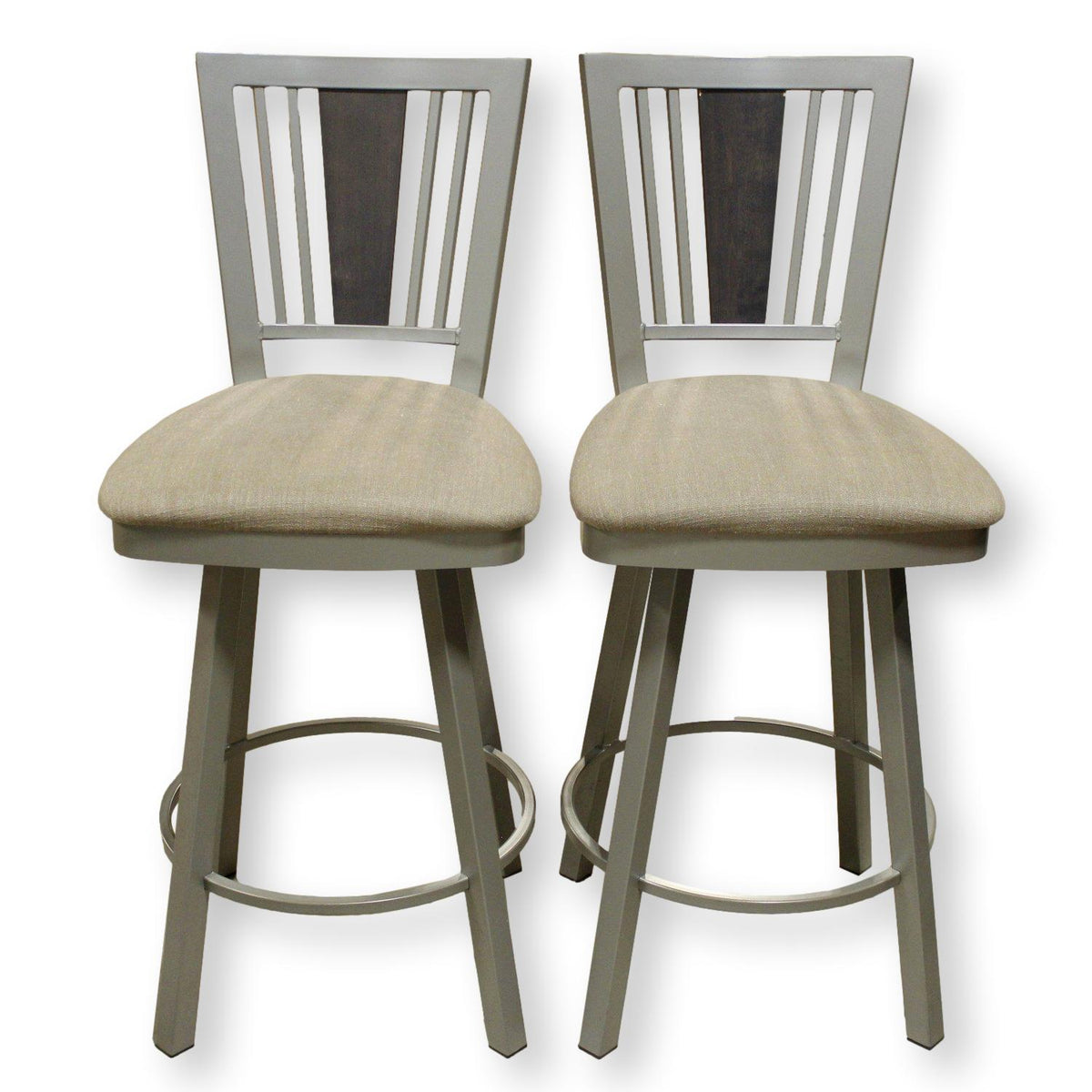 Pair Gray Metal Swivel Counter Stools
