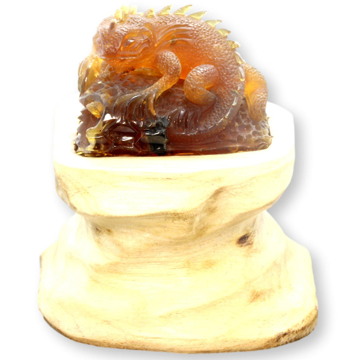 Hand-Carved Amber Lizard Sculpture with Wood Pedestal