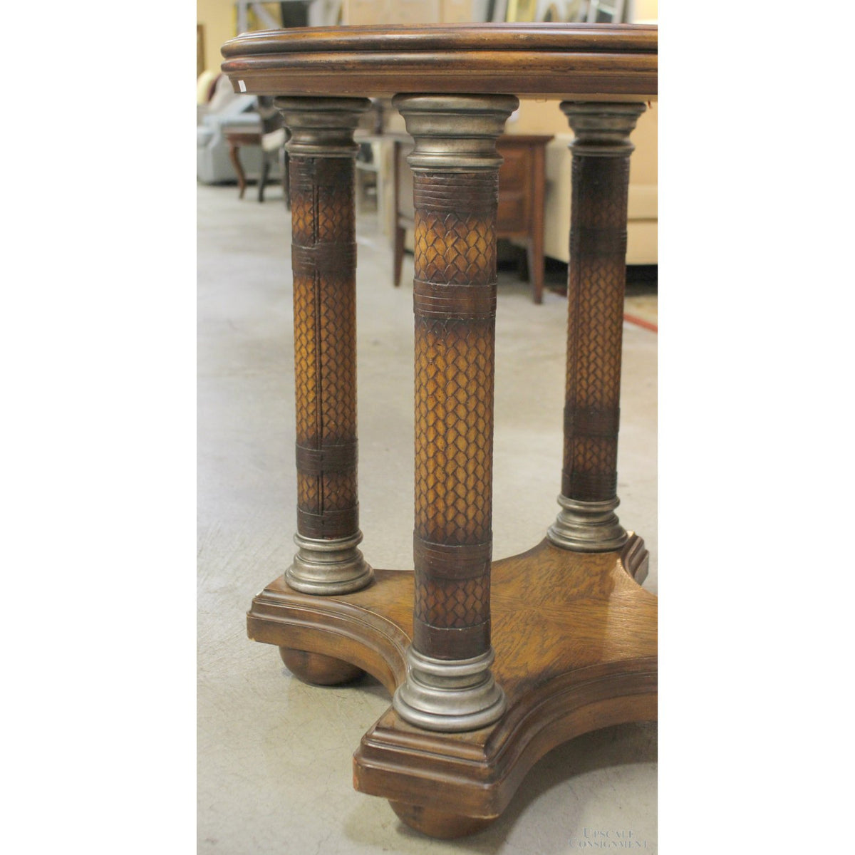 Round Oak Column Accent Table