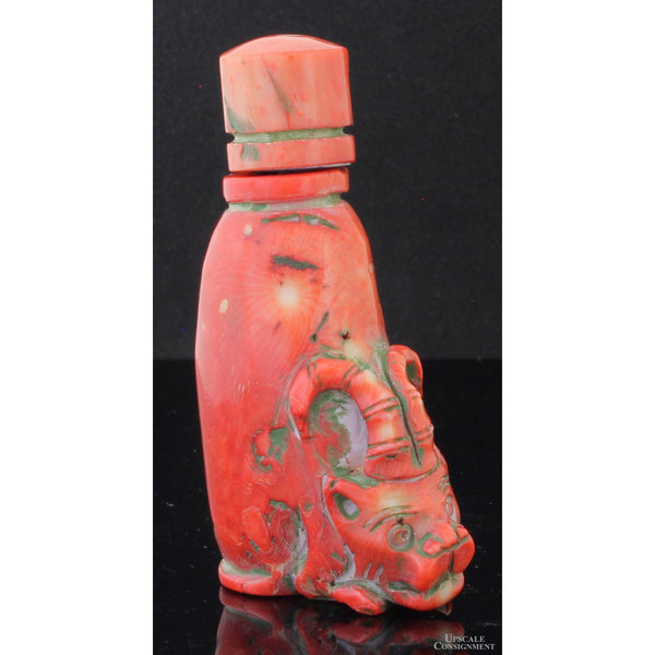 Mid-Century Chinese Hand-Carved Coral Figural Snuff Bottle Depicting a Mythical Guardian Beast