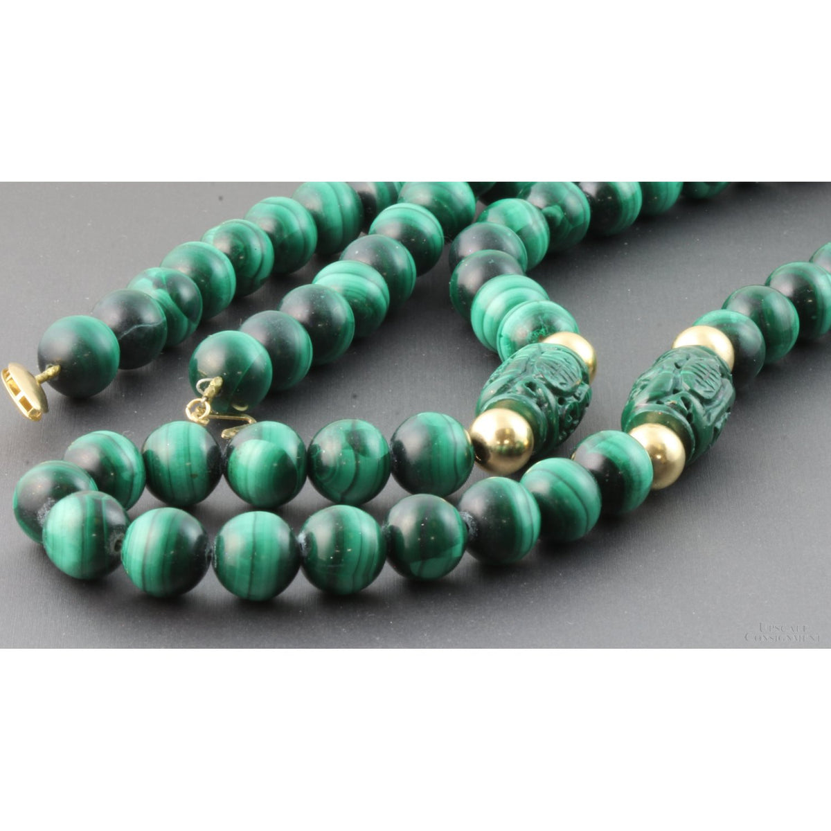 10mm Malachite & Carved Shou & 14K Gold Bead 30" Necklace