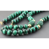10mm Malachite & Carved Shou & 14K Gold Bead 30" Necklace